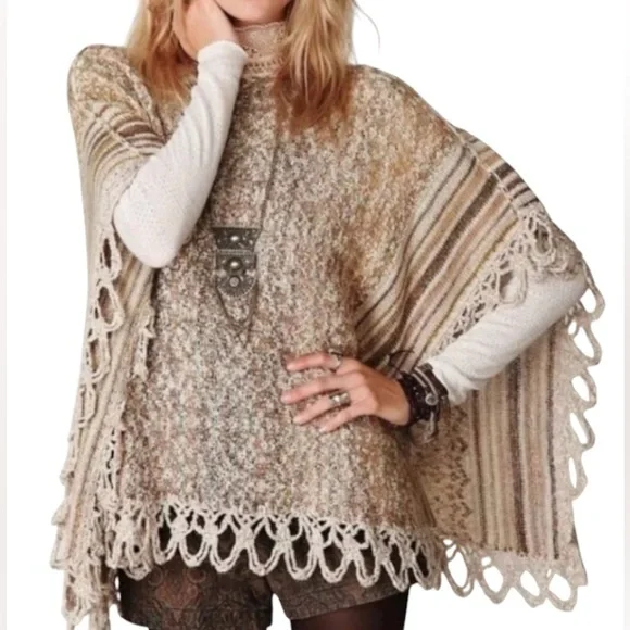 Free People Casablanca Boho Knit Poncho Wool Cream Brown XS - Picture 2 of 14